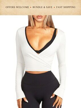 Women Wrap Crop Top Ballet Long Sleeve V-Neck Cotton Stretch Workout